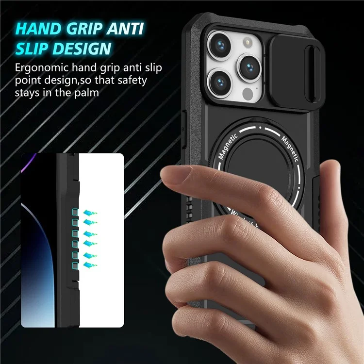 Coque de protection PC+TPU pour iPhone 15 Pro Max compatible avec MagSafe Sliding Lens Cover Protective Phone Shell - Noir