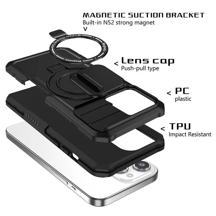 Coque de protection PC+TPU pour iPhone 15 Pro Max compatible avec MagSafe Sliding Lens Cover Protective Phone Shell - Noir