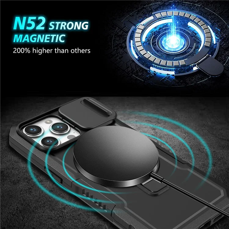 Coque de protection PC+TPU pour iPhone 15 Pro Max compatible avec MagSafe Sliding Lens Cover Protective Phone Shell - Noir