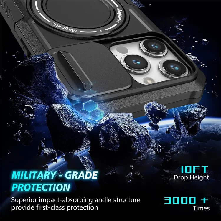 Coque de protection PC+TPU pour iPhone 15 Pro Max compatible avec MagSafe Sliding Lens Cover Protective Phone Shell - Noir