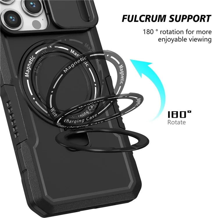 Coque de protection PC+TPU pour iPhone 15 Pro Max compatible avec MagSafe Sliding Lens Cover Protective Phone Shell - Noir