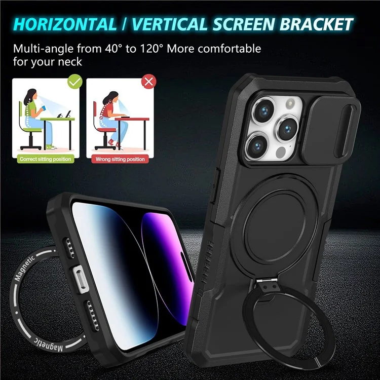 Coque de protection PC+TPU pour iPhone 15 Pro Max compatible avec MagSafe Sliding Lens Cover Protective Phone Shell - Noir