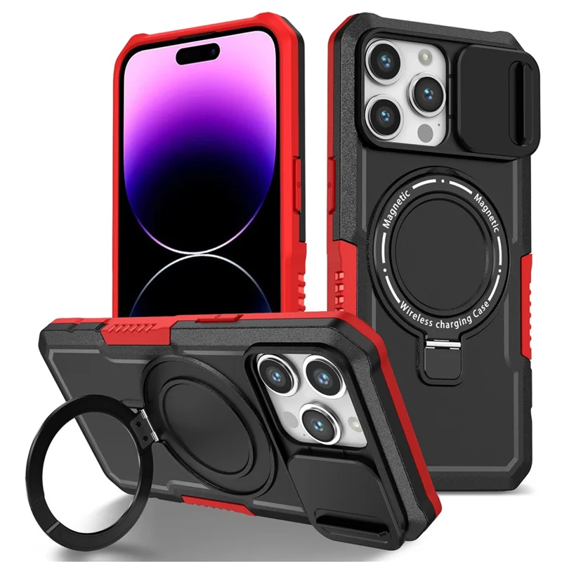 Kickstand PC+TPU Case for iPhone 15 Pro Max Compatible with MagSafe Sliding Lens Cover Protective Phone Shell - Black / Red