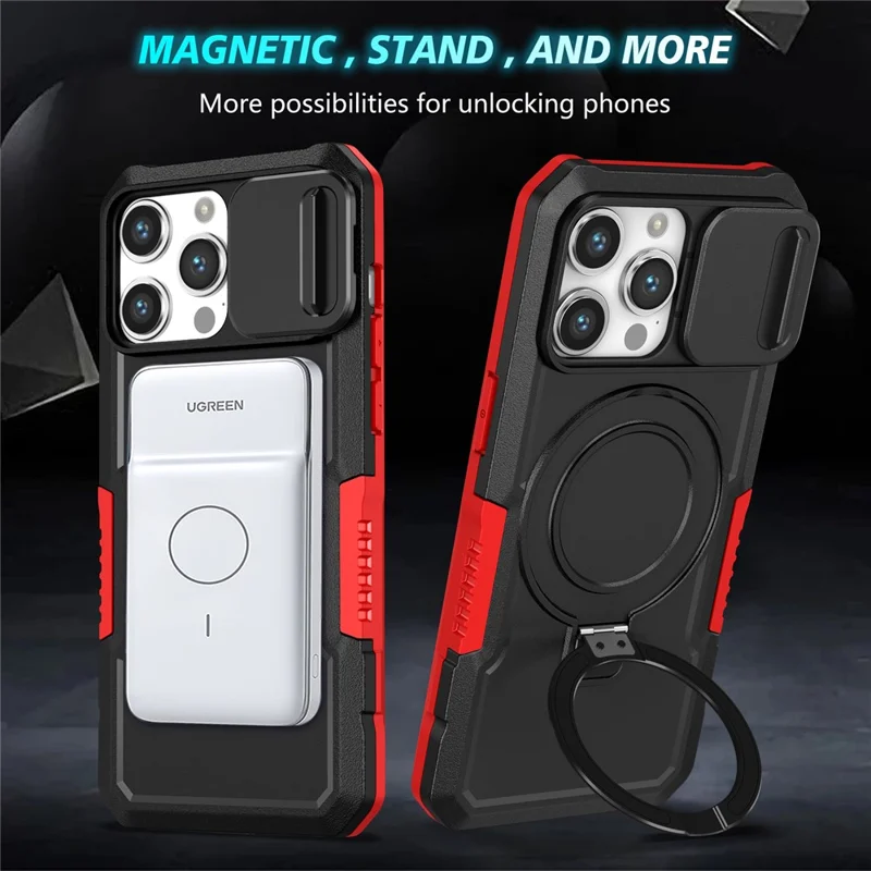 Kickstand PC+TPU Case for iPhone 15 Pro Max Compatible with MagSafe Sliding Lens Cover Protective Phone Shell - Black / Red