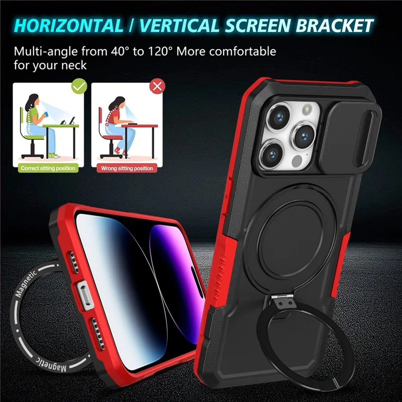 Kickstand PC+TPU Case for iPhone 15 Pro Max Compatible with MagSafe Sliding Lens Cover Protective Phone Shell - Black / Red