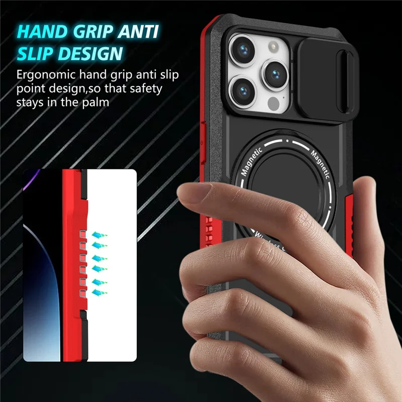Kickstand PC+TPU Case for iPhone 15 Pro Max Compatible with MagSafe Sliding Lens Cover Protective Phone Shell - Black / Red