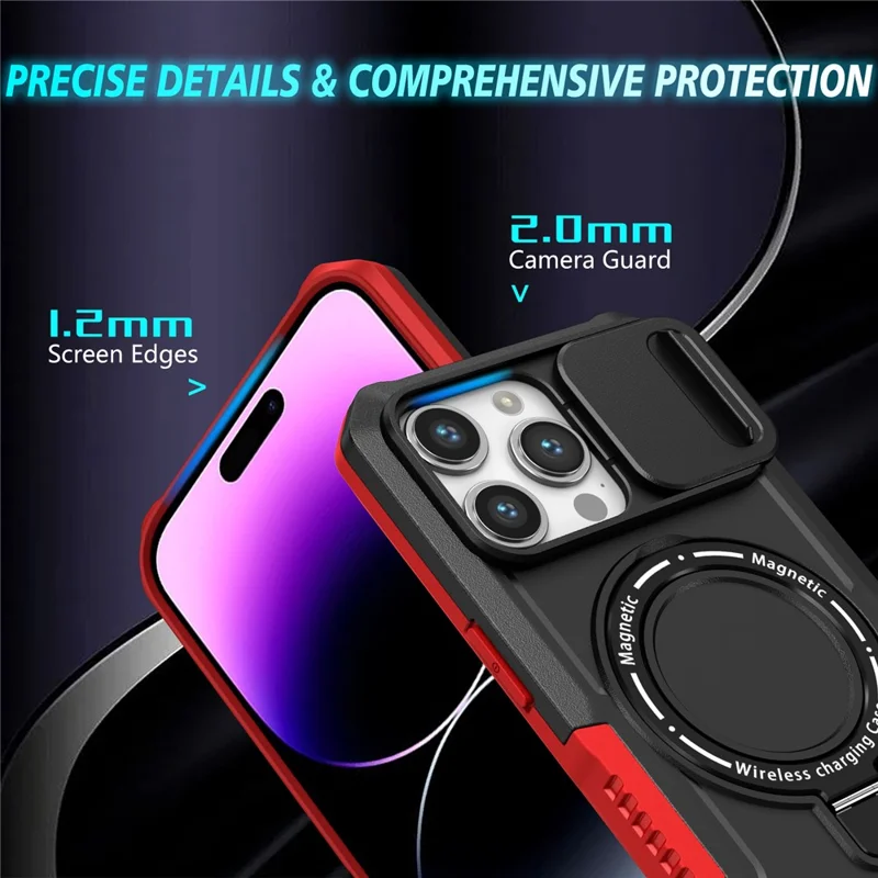 Kickstand PC+TPU Case for iPhone 15 Pro Max Compatible with MagSafe Sliding Lens Cover Protective Phone Shell - Black / Red