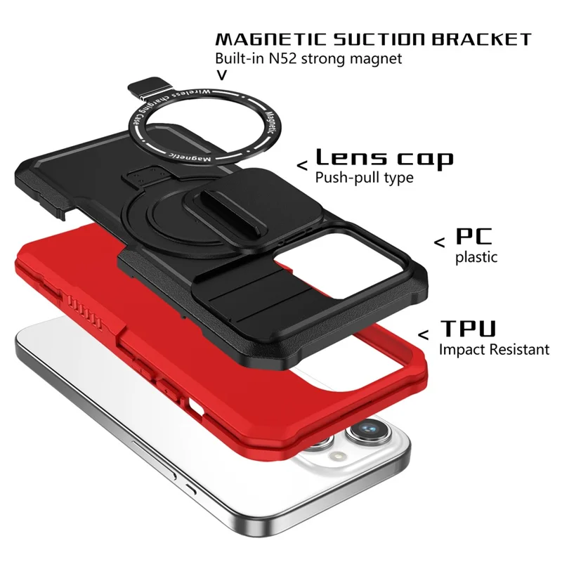 Kickstand PC+TPU Case for iPhone 15 Pro Max Compatible with MagSafe Sliding Lens Cover Protective Phone Shell - Black / Red