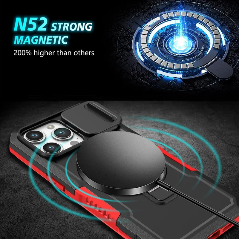 Kickstand PC+TPU Case for iPhone 15 Pro Max Compatible with MagSafe Sliding Lens Cover Protective Phone Shell - Black / Red