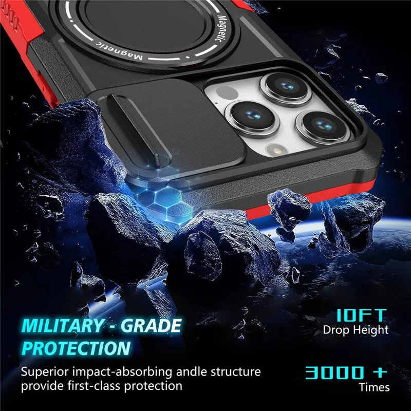 Kickstand PC+TPU Case for iPhone 15 Pro Max Compatible with MagSafe Sliding Lens Cover Protective Phone Shell - Black / Red