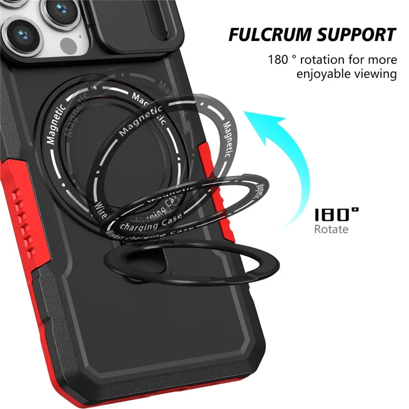 Kickstand PC+TPU Case for iPhone 15 Pro Max Compatible with MagSafe Sliding Lens Cover Protective Phone Shell - Black / Red