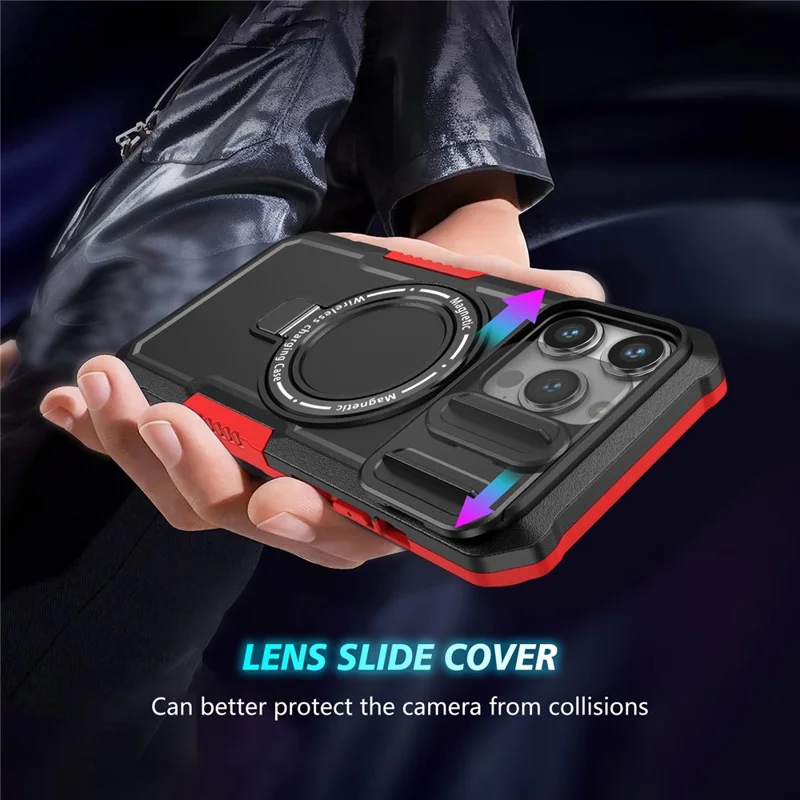 Kickstand PC+TPU Case for iPhone 15 Pro Max Compatible with MagSafe Sliding Lens Cover Protective Phone Shell - Black / Red