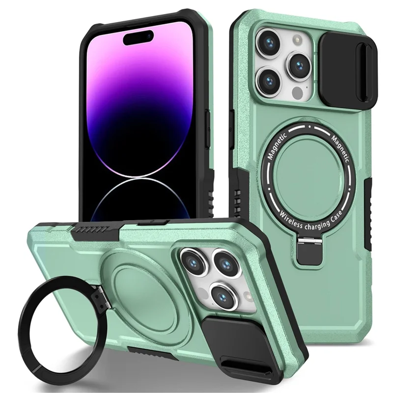 Kickstand PC+TPU Case for iPhone 15 Pro Max Compatible with MagSafe Sliding Lens Cover Protective Phone Shell - Light Green