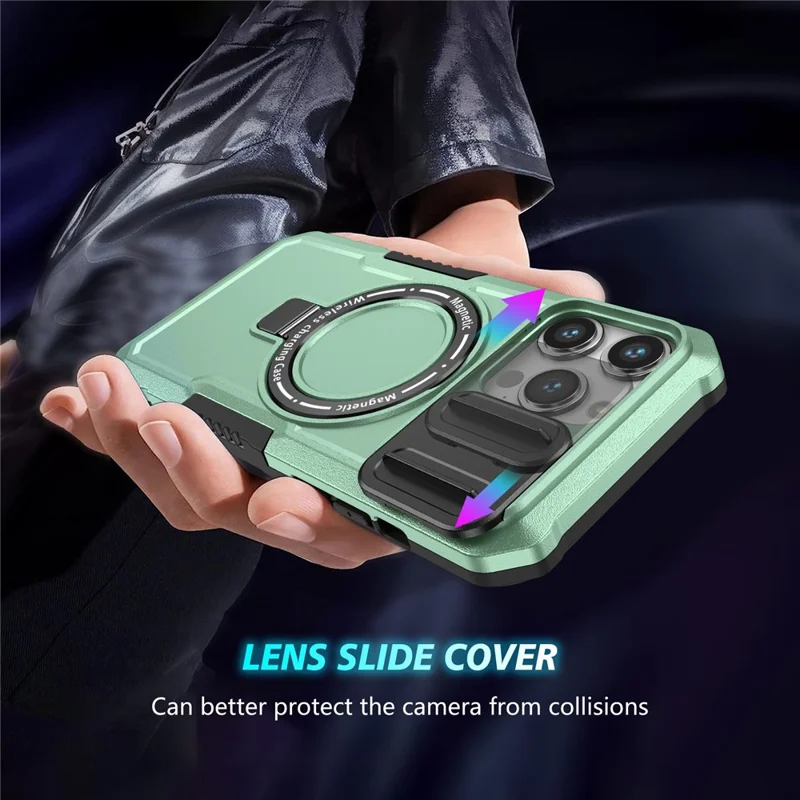 Kickstand PC+TPU Case for iPhone 15 Pro Max Compatible with MagSafe Sliding Lens Cover Protective Phone Shell - Light Green