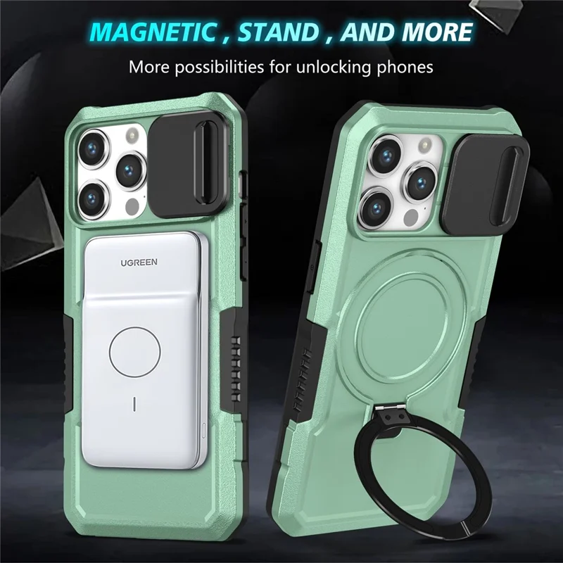 Kickstand PC+TPU Case for iPhone 15 Pro Max Compatible with MagSafe Sliding Lens Cover Protective Phone Shell - Light Green