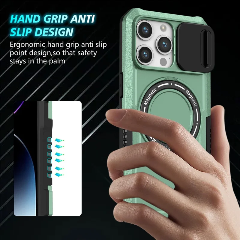 Kickstand PC+TPU Case for iPhone 15 Pro Max Compatible with MagSafe Sliding Lens Cover Protective Phone Shell - Light Green