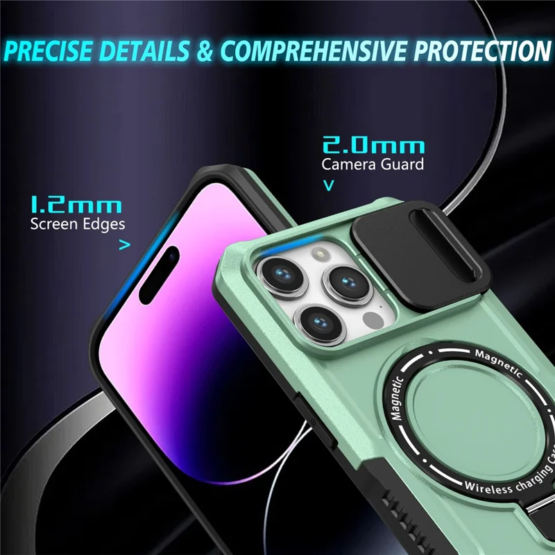Kickstand PC+TPU Case for iPhone 15 Pro Max Compatible with MagSafe Sliding Lens Cover Protective Phone Shell - Light Green