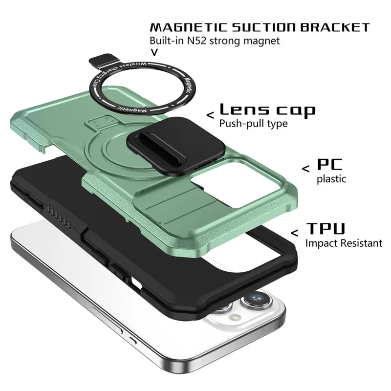 Kickstand PC+TPU Case for iPhone 15 Pro Max Compatible with MagSafe Sliding Lens Cover Protective Phone Shell - Light Green