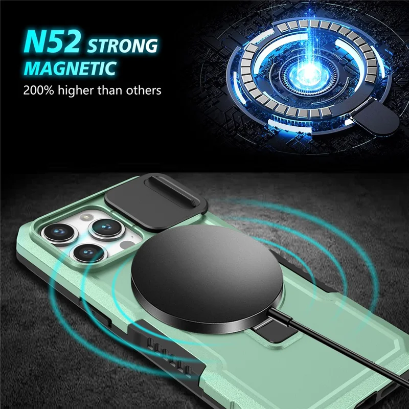 Kickstand PC+TPU Case for iPhone 15 Pro Max Compatible with MagSafe Sliding Lens Cover Protective Phone Shell - Light Green