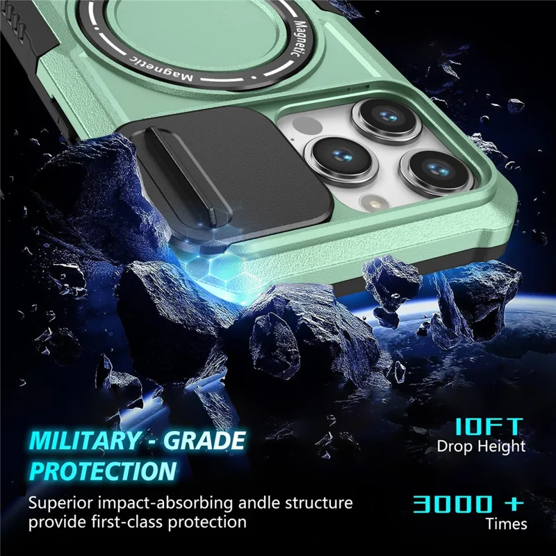 Kickstand PC+TPU Case for iPhone 15 Pro Max Compatible with MagSafe Sliding Lens Cover Protective Phone Shell - Light Green