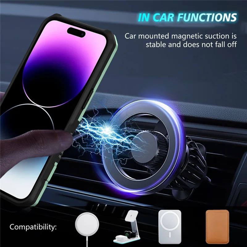 Kickstand PC+TPU Case for iPhone 15 Pro Max Compatible with MagSafe Sliding Lens Cover Protective Phone Shell - Light Green