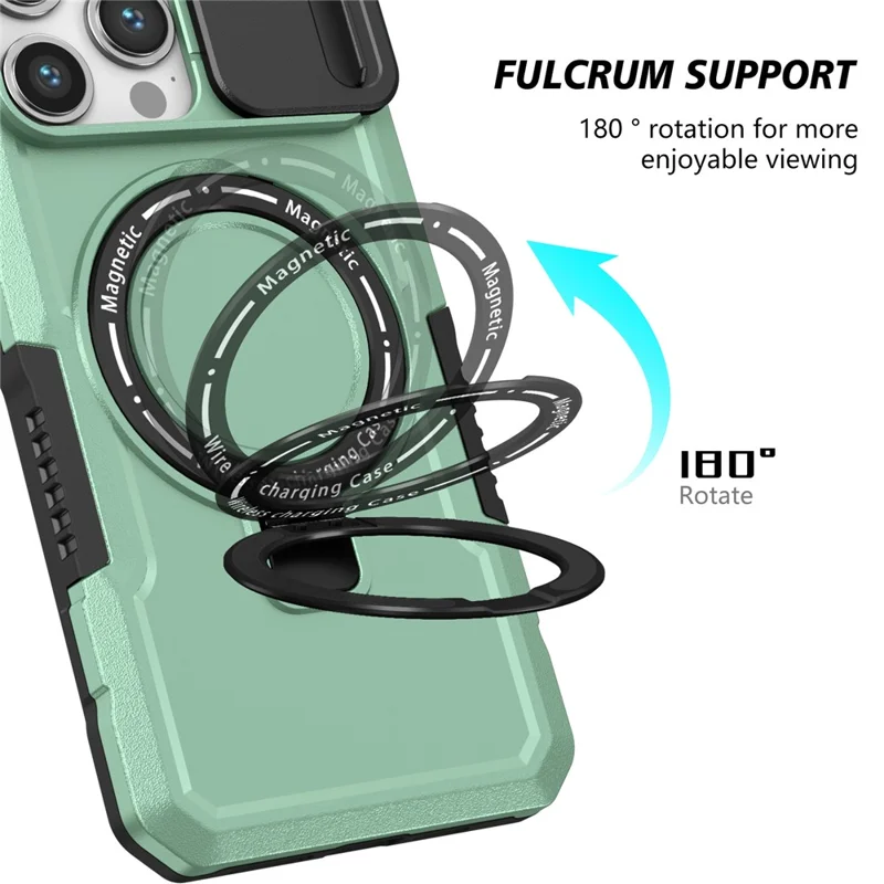 Kickstand PC+TPU Case for iPhone 15 Pro Max Compatible with MagSafe Sliding Lens Cover Protective Phone Shell - Light Green