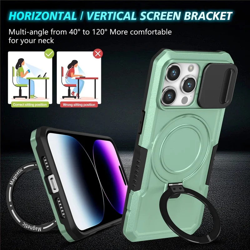 Kickstand PC+TPU Case for iPhone 15 Pro Max Compatible with MagSafe Sliding Lens Cover Protective Phone Shell - Light Green