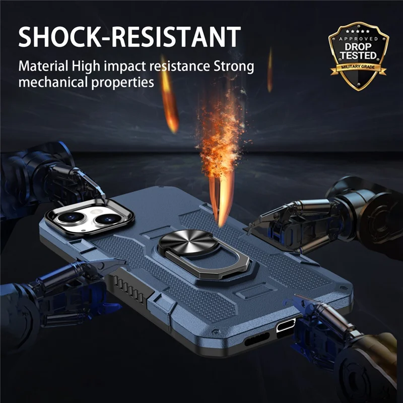 Obudowa antyudarowa z pierścieniem i podstawką do iPhone'a 15 Plus, tylna pokrywa z PC+TPU – niebieska