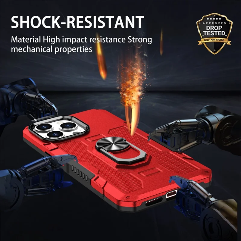 Obudowa przeciwupadkowa na iPhone 15 Pro z podstawką pierścieniową, tylna pokrywa PC+TPU - Czerwony
