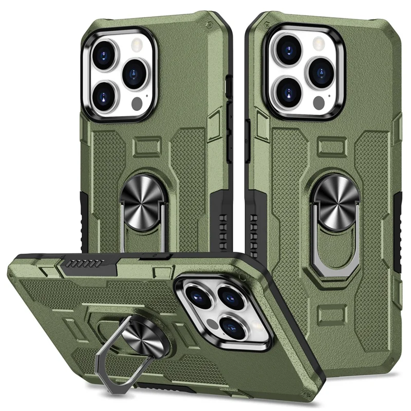 For iPhone 15 Pro Drop-proof Cell Phone Case PC+TPU Back Cover with Ring Kickstand - Green