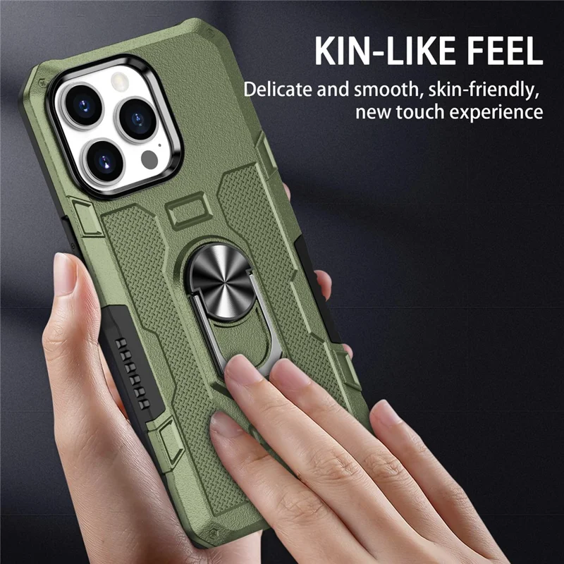 For iPhone 15 Pro Drop-proof Cell Phone Case PC+TPU Back Cover with Ring Kickstand - Green