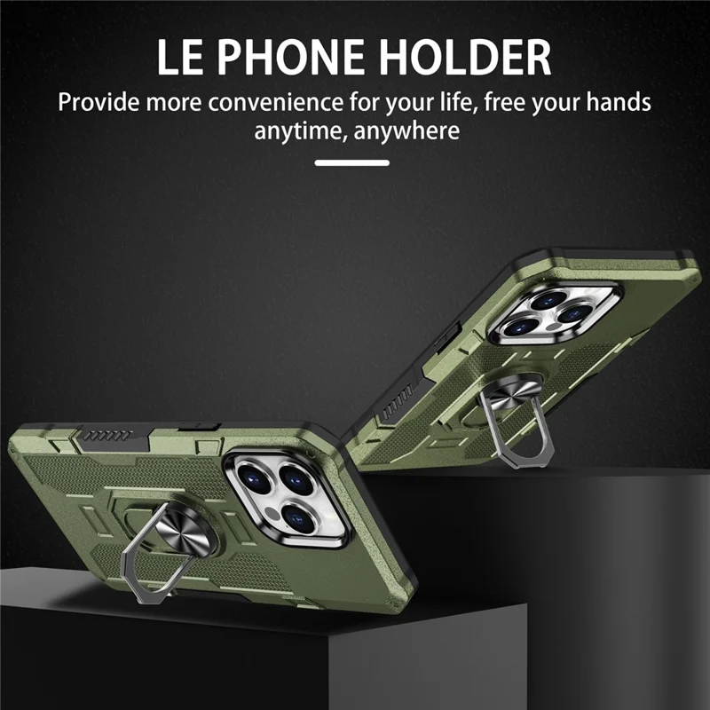 For iPhone 15 Pro Drop-proof Cell Phone Case PC+TPU Back Cover with Ring Kickstand - Green