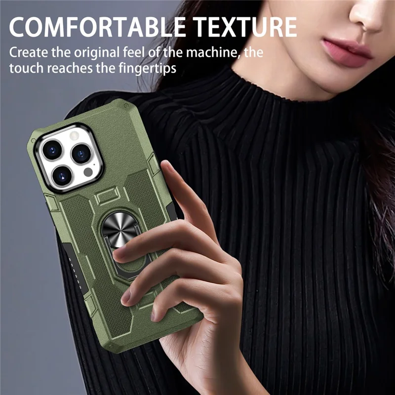 For iPhone 15 Pro Drop-proof Cell Phone Case PC+TPU Back Cover with Ring Kickstand - Green