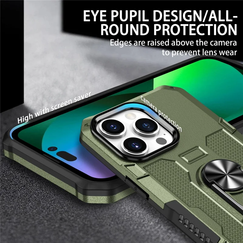 For iPhone 15 Pro Drop-proof Cell Phone Case PC+TPU Back Cover with Ring Kickstand - Green