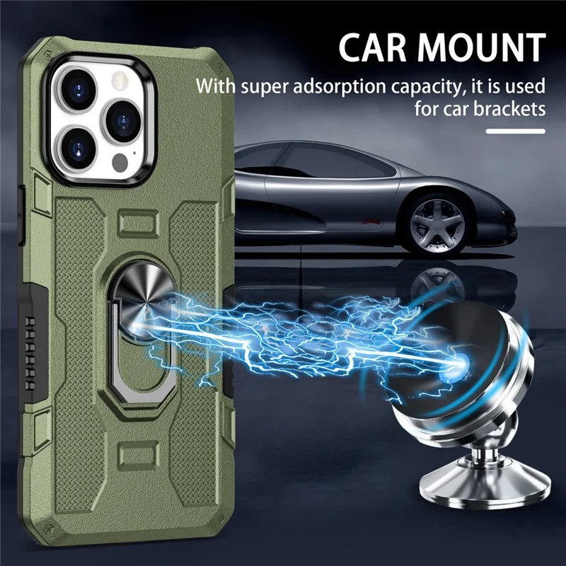 For iPhone 15 Pro Drop-proof Cell Phone Case PC+TPU Back Cover with Ring Kickstand - Green