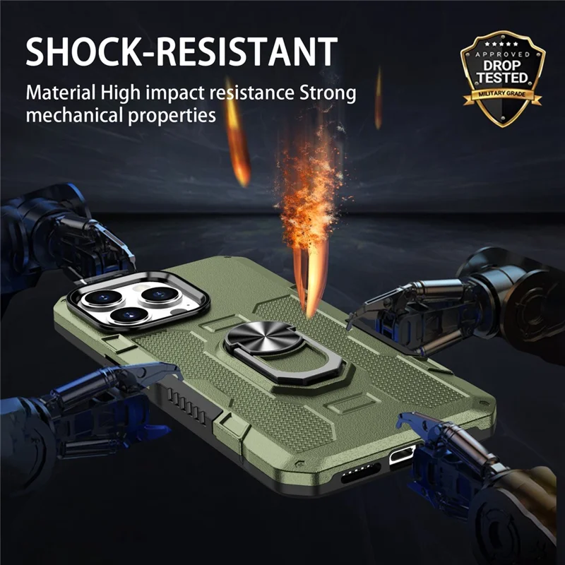 For iPhone 15 Pro Drop-proof Cell Phone Case PC+TPU Back Cover with Ring Kickstand - Green