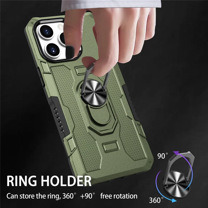 For iPhone 15 Pro Drop-proof Cell Phone Case PC+TPU Back Cover with Ring Kickstand - Green
