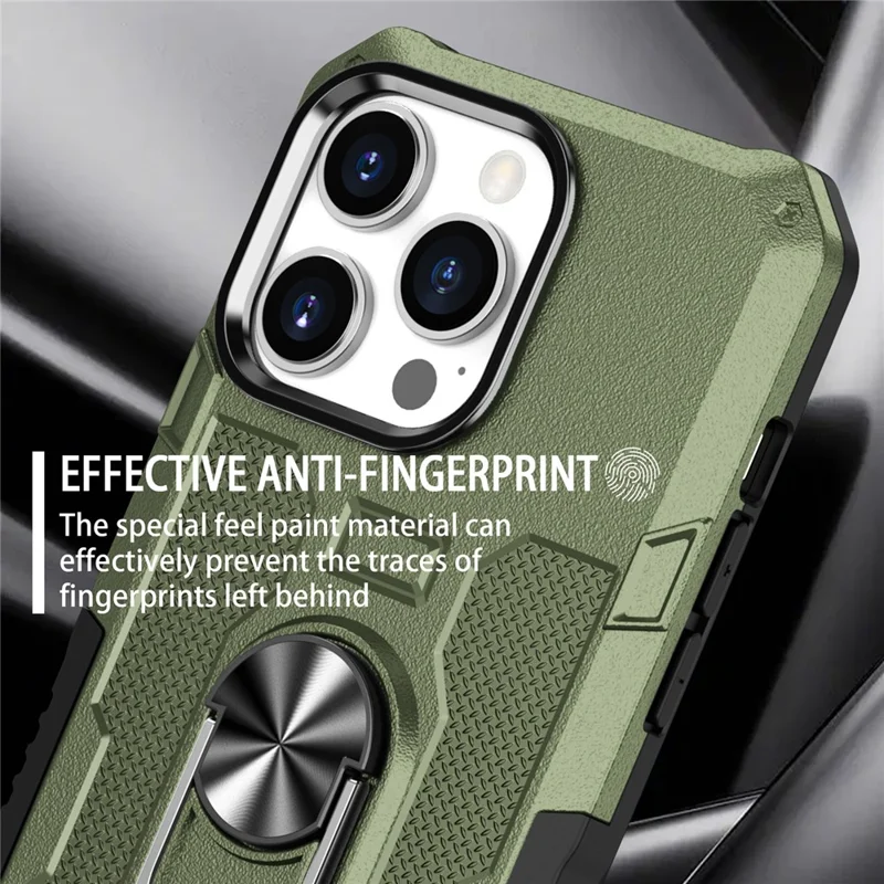 For iPhone 15 Pro Drop-proof Cell Phone Case PC+TPU Back Cover with Ring Kickstand - Green