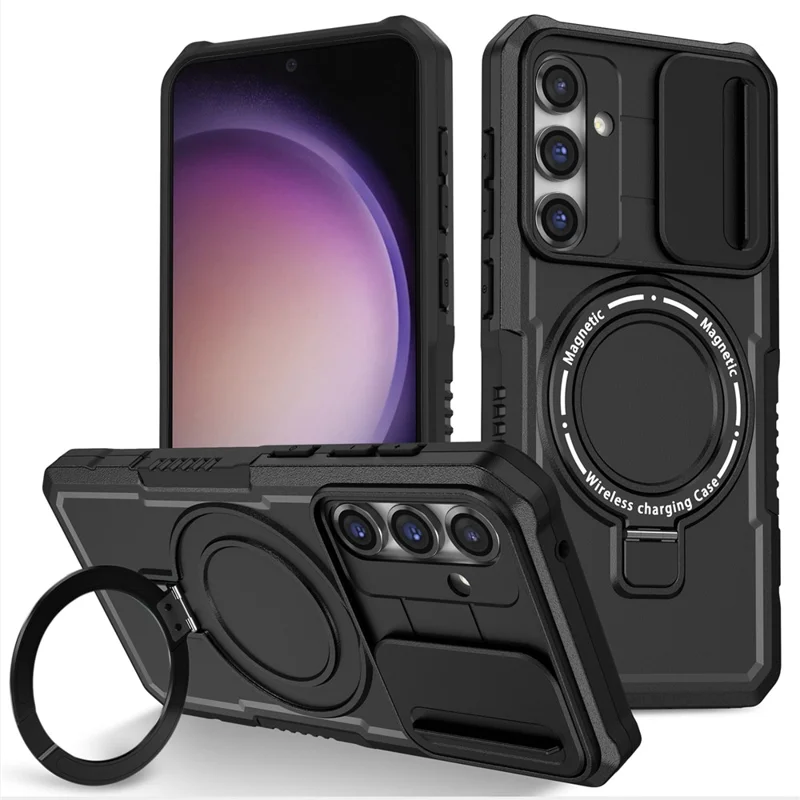 Magnetic Case PC+TPU Case for Samsung Galaxy S23 FE Kickstand Anti-Drop Phone Shell with Sliding Lens Cover - Black