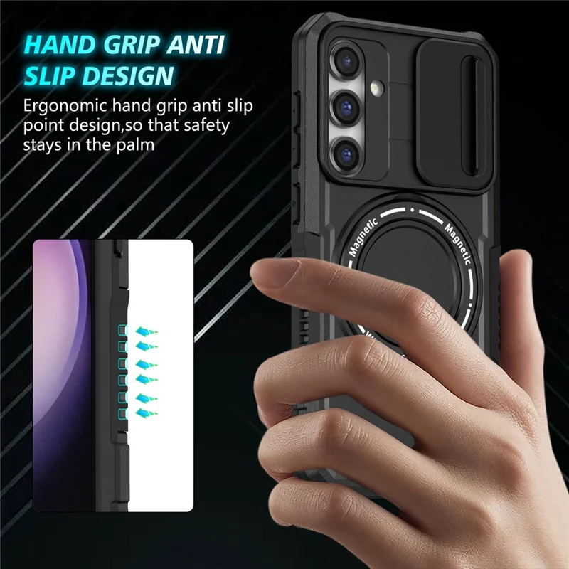 Magnetic Case PC+TPU Case for Samsung Galaxy S23 FE Kickstand Anti-Drop Phone Shell with Sliding Lens Cover - Black