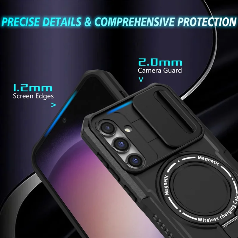 Magnetic Case PC+TPU Case for Samsung Galaxy S23 FE Kickstand Anti-Drop Phone Shell with Sliding Lens Cover - Black