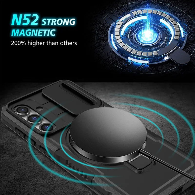 Magnetic Case PC+TPU Case for Samsung Galaxy S23 FE Kickstand Anti-Drop Phone Shell with Sliding Lens Cover - Black