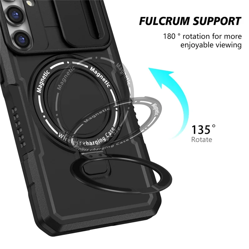 Magnetic Case PC+TPU Case for Samsung Galaxy S23 FE Kickstand Anti-Drop Phone Shell with Sliding Lens Cover - Black