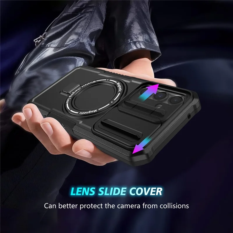 Magnetic Case PC+TPU Case for Samsung Galaxy S23 FE Kickstand Anti-Drop Phone Shell with Sliding Lens Cover - Black
