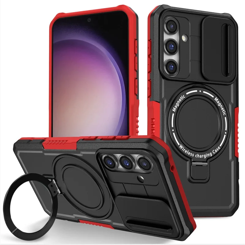 Magnetic Case PC+TPU Case for Samsung Galaxy S23 FE Kickstand Anti-Drop Phone Shell with Sliding Lens Cover - Black / Red