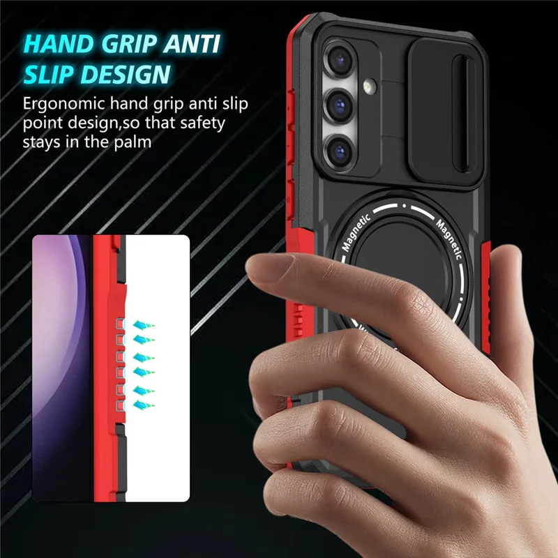 Magnetic Case PC+TPU Case for Samsung Galaxy S23 FE Kickstand Anti-Drop Phone Shell with Sliding Lens Cover - Black / Red