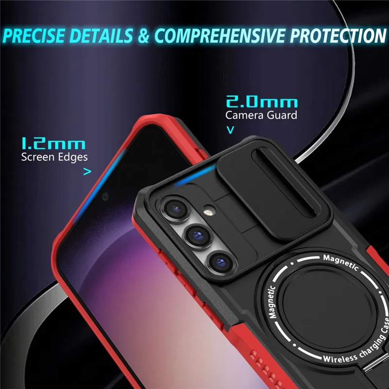 Magnetic Case PC+TPU Case for Samsung Galaxy S23 FE Kickstand Anti-Drop Phone Shell with Sliding Lens Cover - Black / Red