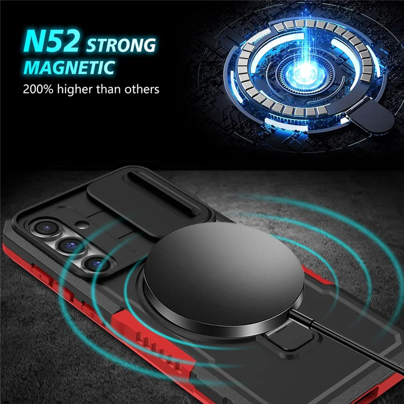 Magnetic Case PC+TPU Case for Samsung Galaxy S23 FE Kickstand Anti-Drop Phone Shell with Sliding Lens Cover - Black / Red