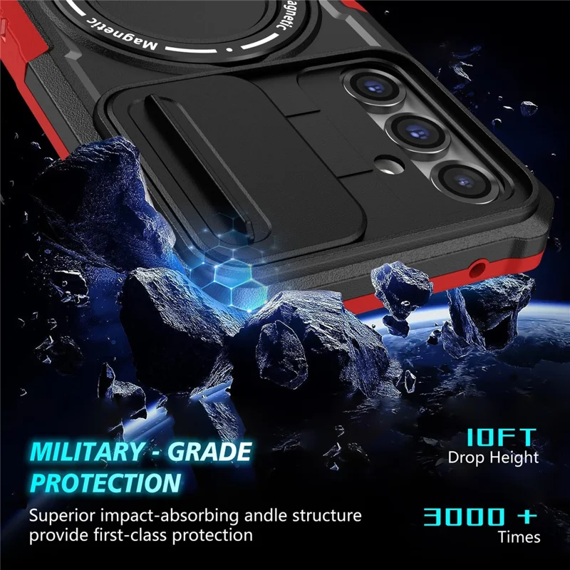 Magnetic Case PC+TPU Case for Samsung Galaxy S23 FE Kickstand Anti-Drop Phone Shell with Sliding Lens Cover - Black / Red