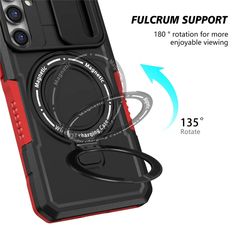 Magnetic Case PC+TPU Case for Samsung Galaxy S23 FE Kickstand Anti-Drop Phone Shell with Sliding Lens Cover - Black / Red